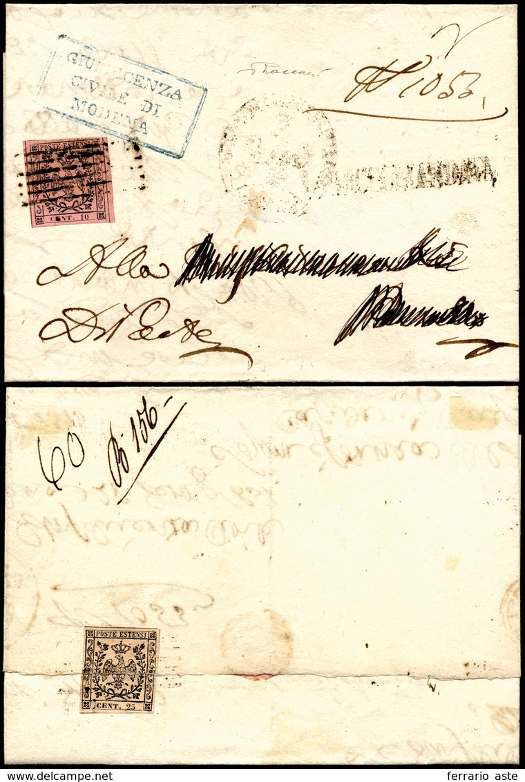 1853 - 10 Cent. Rosa Vivo, Perfetto, E, Al Verso 25 Cent. Camoscio, Lacerato All'apertura (2a,4a), S... - Modena