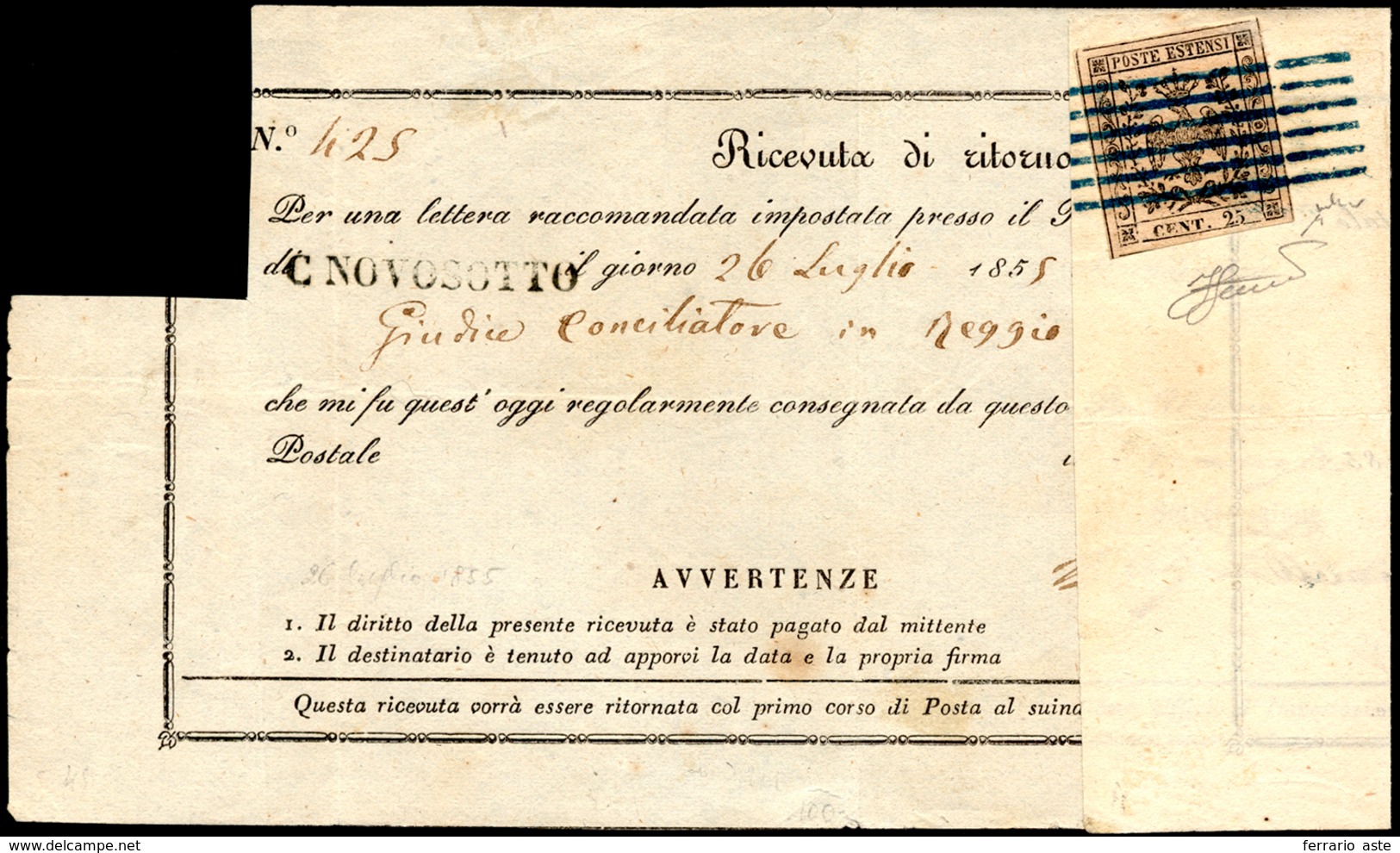 1855 - 25 Cent. Camoscio Chiarissimo Rosaceo (4b), Perfetto, Su RICEVUTA DI RITORNO Da Castelnovo Di... - Modena
