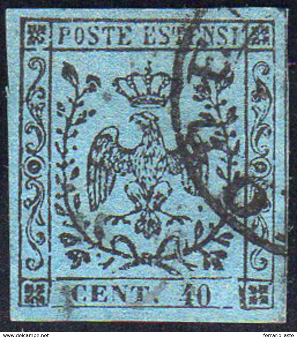 1852 - 40 Cent. Celeste (5), Usato, Perfetto. Bello! Cert. Ferrario. ... - Modena