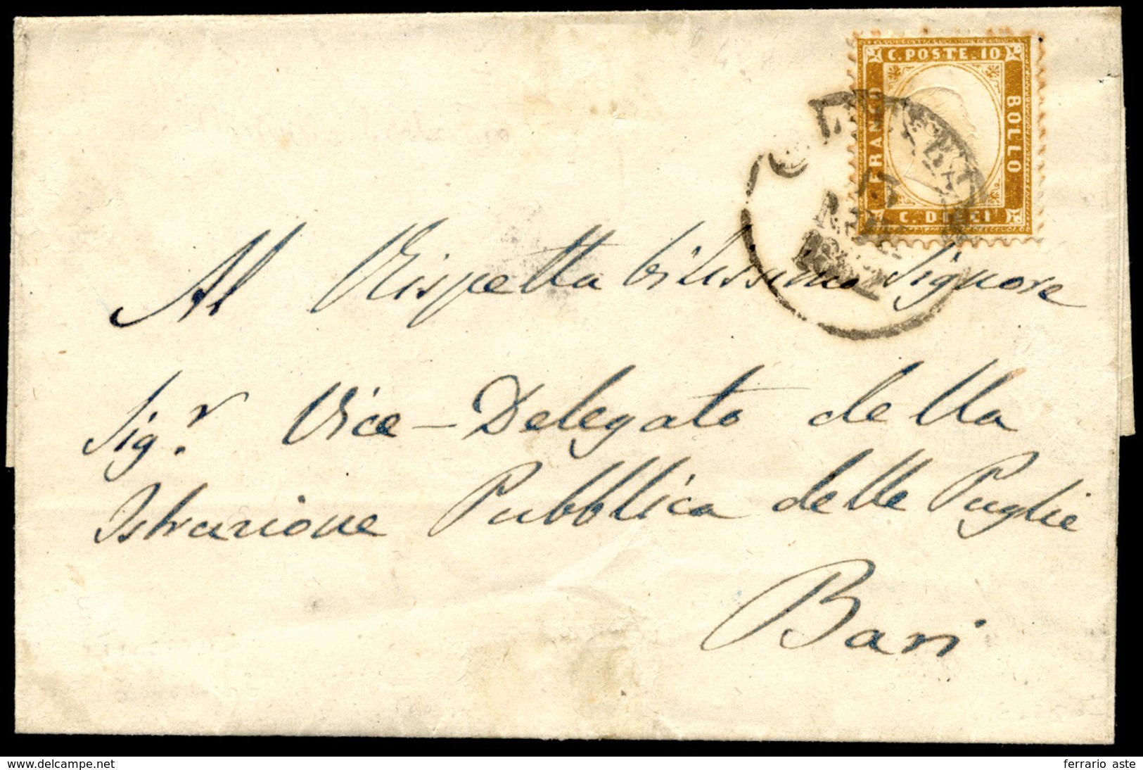 1862 - 10 Cent. Bistro Giallastro (1), Perfetto, Isolato Su Sovracoperta Di Lettera Da Lucera 13/11/... - Andere & Zonder Classificatie