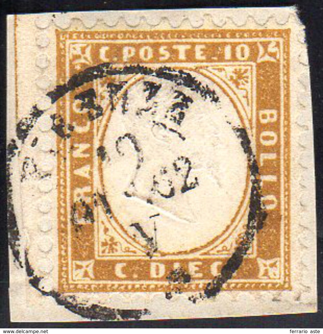 1862 - 10 Cent. Bistro Oliva, Bordo Di Foglio Con Linea Di Riquadro E Foro Di Registro Parziale (1lc... - Andere & Zonder Classificatie