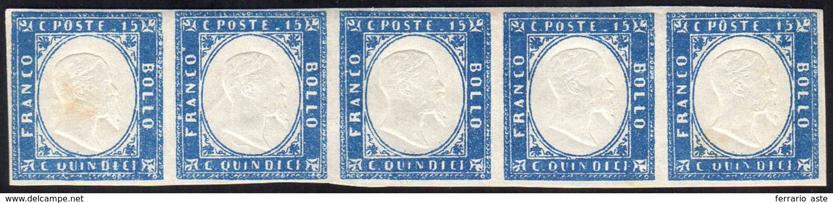 1863 - 15 Cent. Cobalto Latteo Tipo Sardegna (11c), Striscia Di Cinque, Gomma Integra, Perfetti. Cer... - Andere & Zonder Classificatie