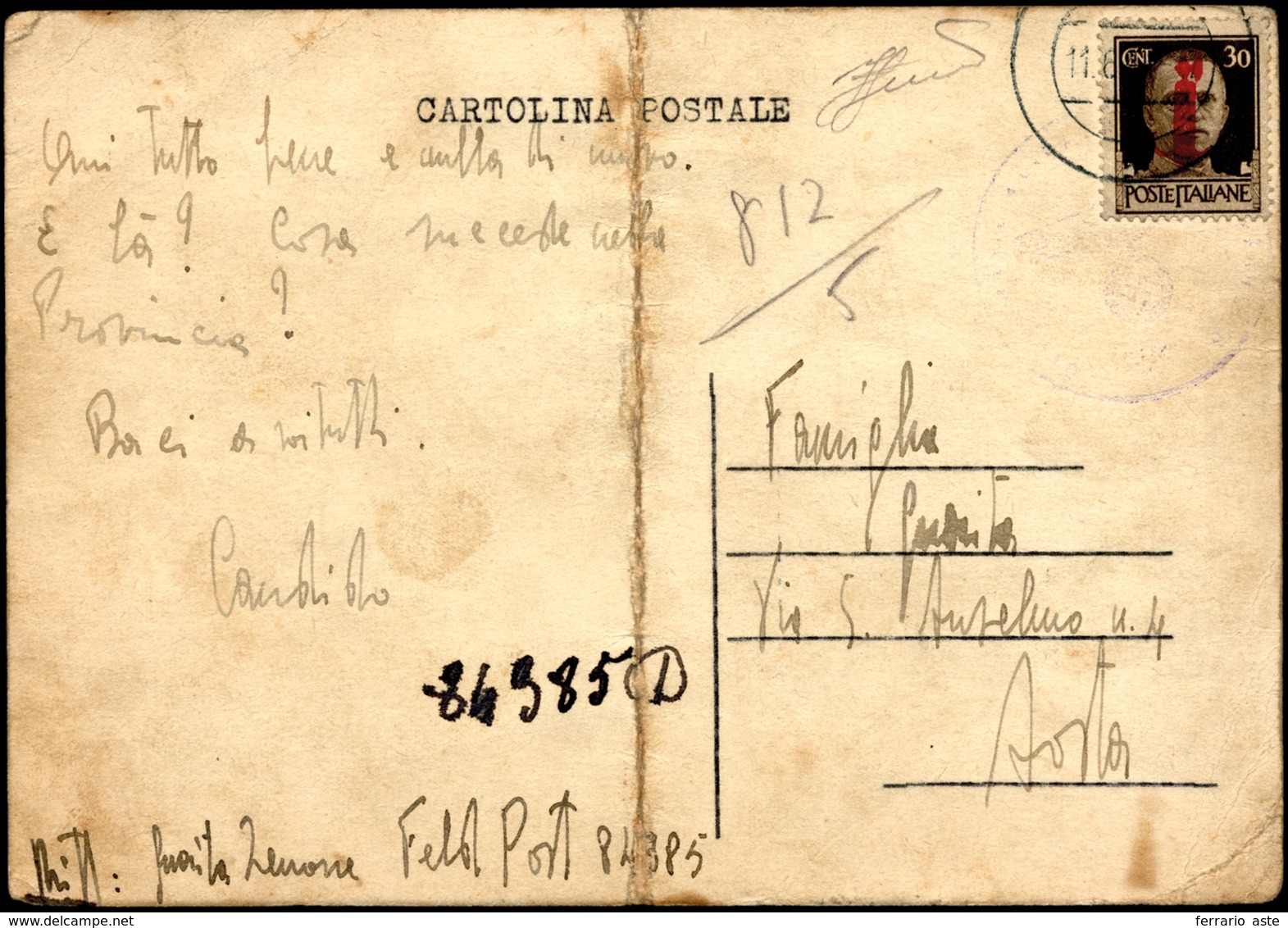 1944 - 30 Cent. Soprastampato Fascio (492), Perfetto, Su Cartolina Da Un Ufficio Postale Della Feldp... - Andere & Zonder Classificatie