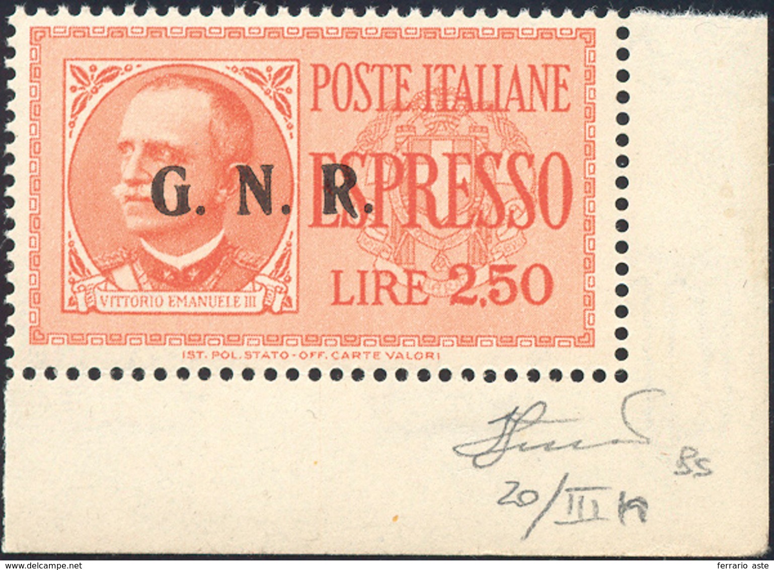 1943 - 2,50 Lire Soprastampa G.N.R. Di Brescia, III Tipo, Varietà Punti Piccoli Dopo G.N.R. (20/IIIn... - Andere & Zonder Classificatie
