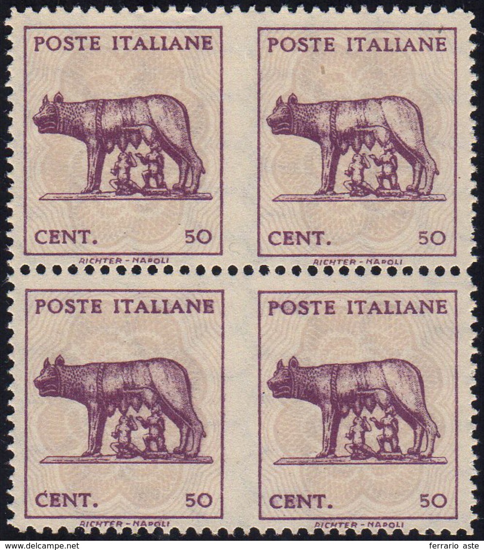 1944 - 50 Cent. Lupa, Coppia Orizzontale Non Dentellata Al Centro (515s), Blocco Di Quattro, Senza G... - Andere & Zonder Classificatie