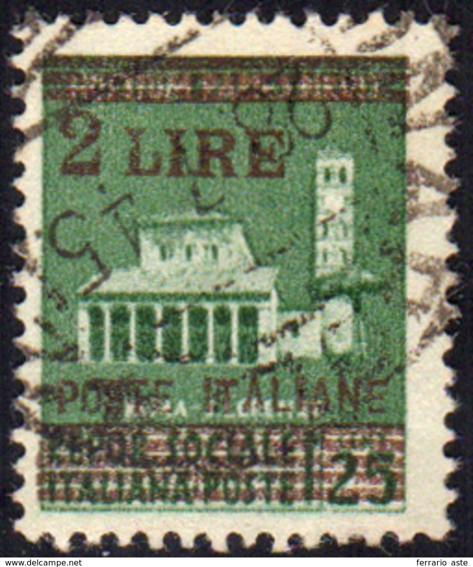 1945 - 2 Lire Su 25 Cent. Verde, Soprastampa In Rosso Bruno (525A), Usato, Perfetto, Annullo Origina... - Andere & Zonder Classificatie