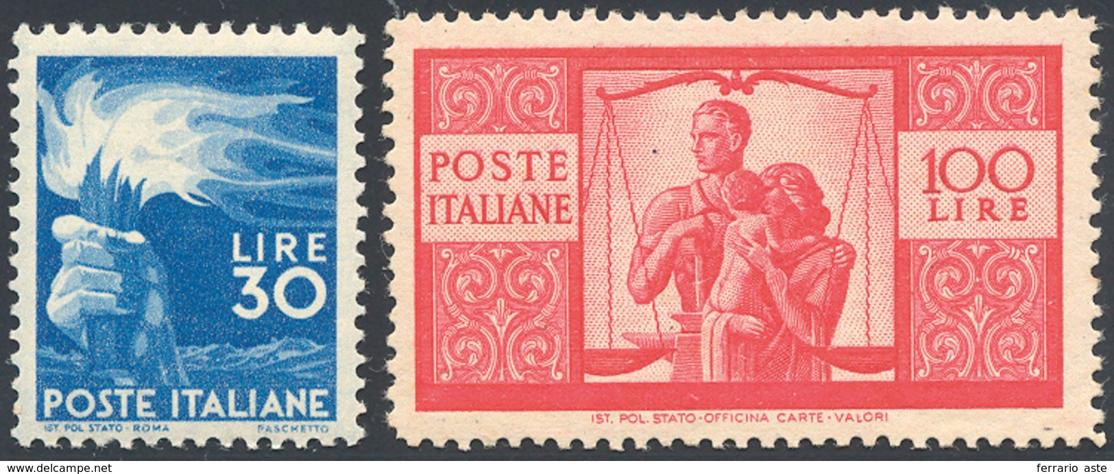 1945 - 30 E 100 Lire Democratica (563,565), Buona Centratura, Gomma Originale Integra, Perfetti. Cer... - Andere & Zonder Classificatie