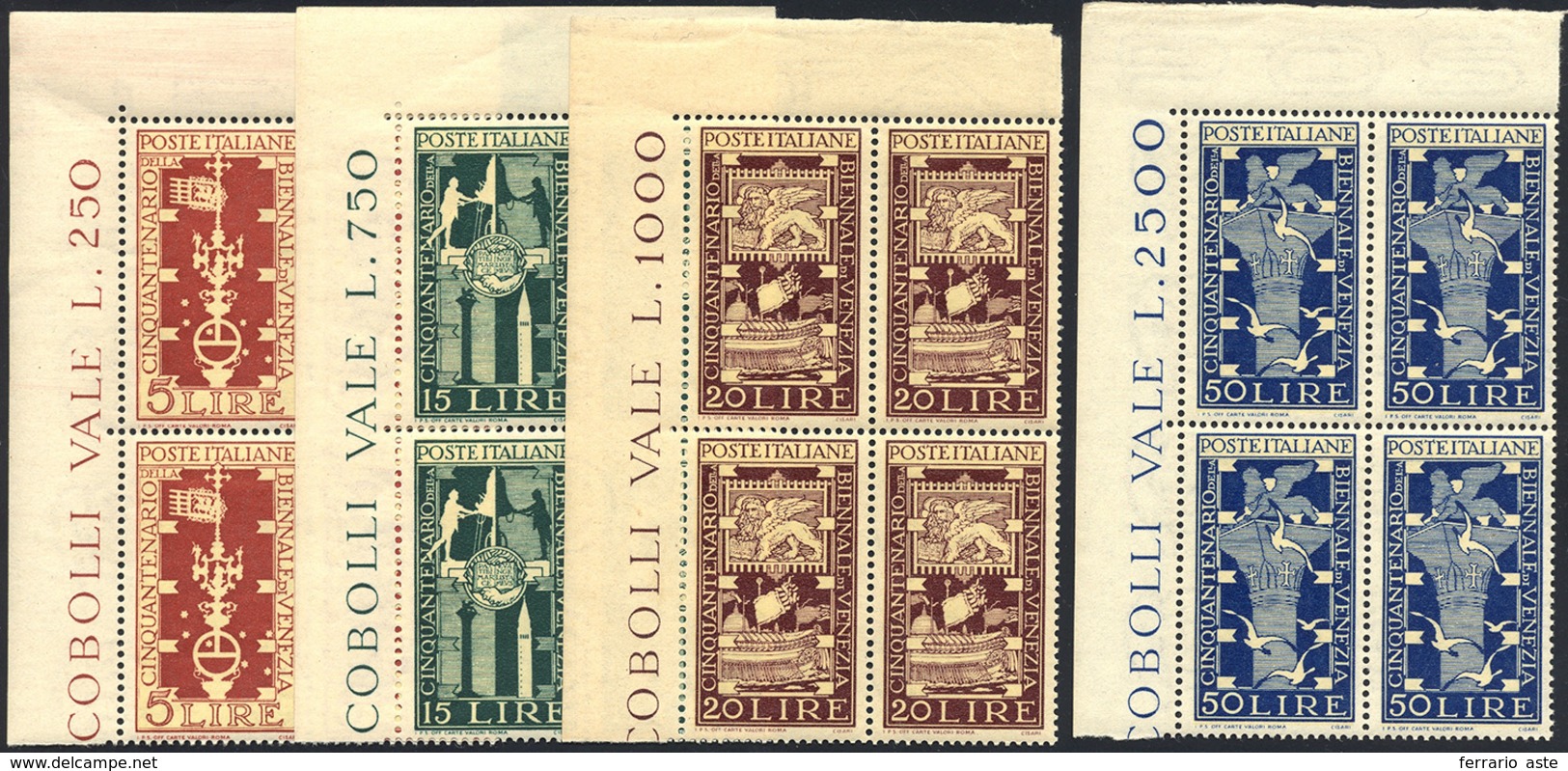 1949 - Biennale Di Venezia (594/597), Ottima Centratura, Blocchi Di Quattro, Angolo Di Foglio, Gomma... - Other & Unclassified