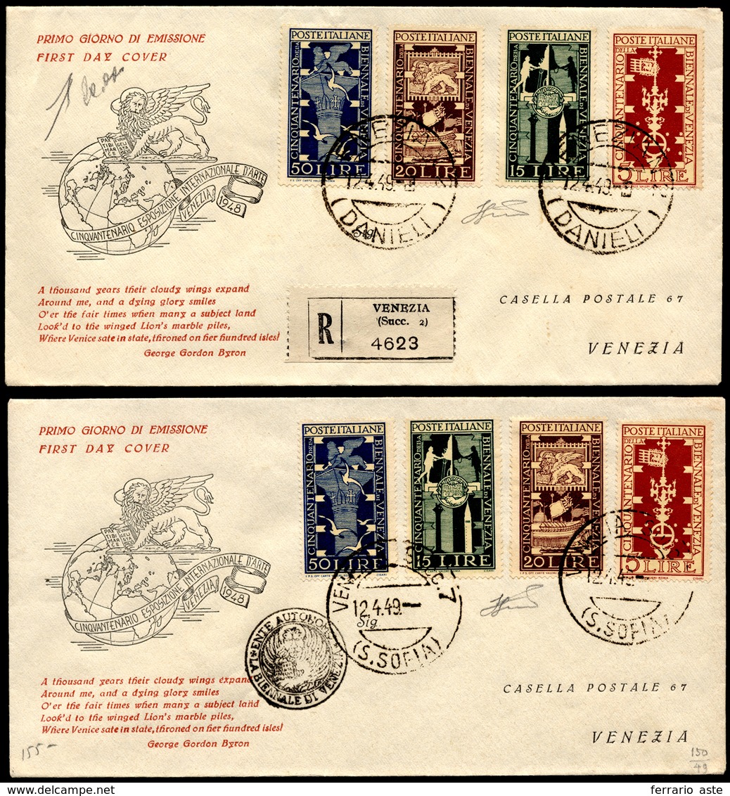 1949 - Biennale Di Venezia (594/597), Perfetti, Due Buste FDC Venetia, Entrambe Con La Serie Complet... - Andere & Zonder Classificatie