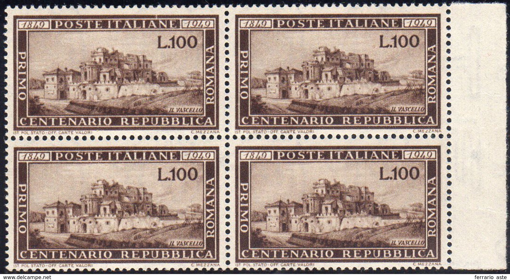 1949 - 100 Lire Repubblica Romana (600), Blocco Di Quattro, Ben Centrato, Gomma Integra, Perfetto. C... - Andere & Zonder Classificatie