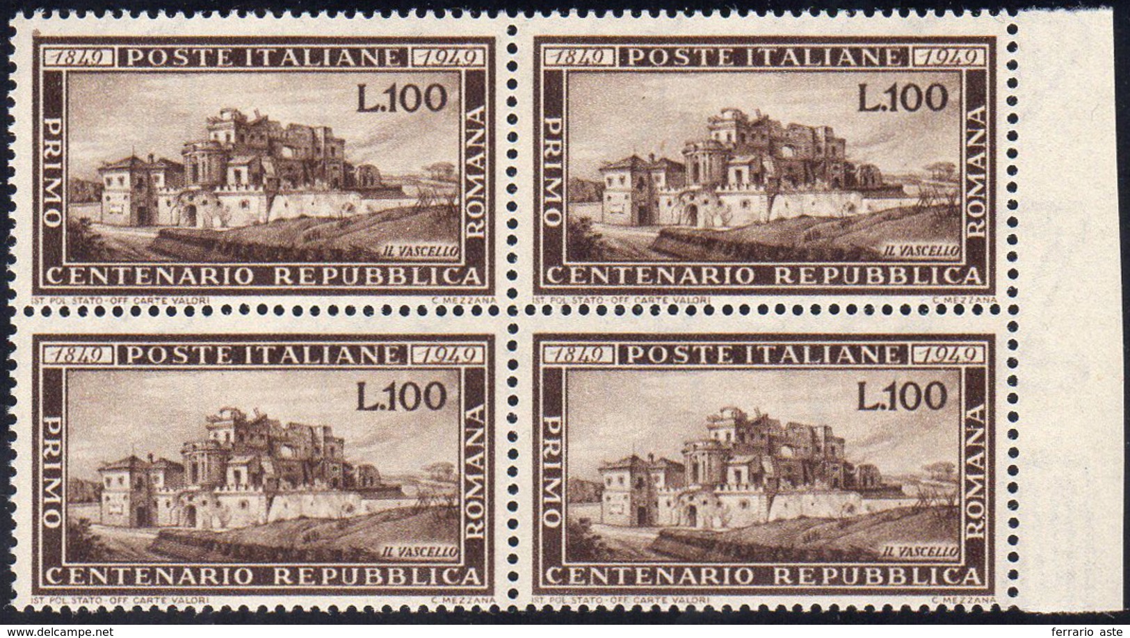 1949 - 100 Lire Repubblica Romana (600), Blocco Di Quattro, Ben Centrato, Gomma Integra, Perfetto.g.... - Andere & Zonder Classificatie