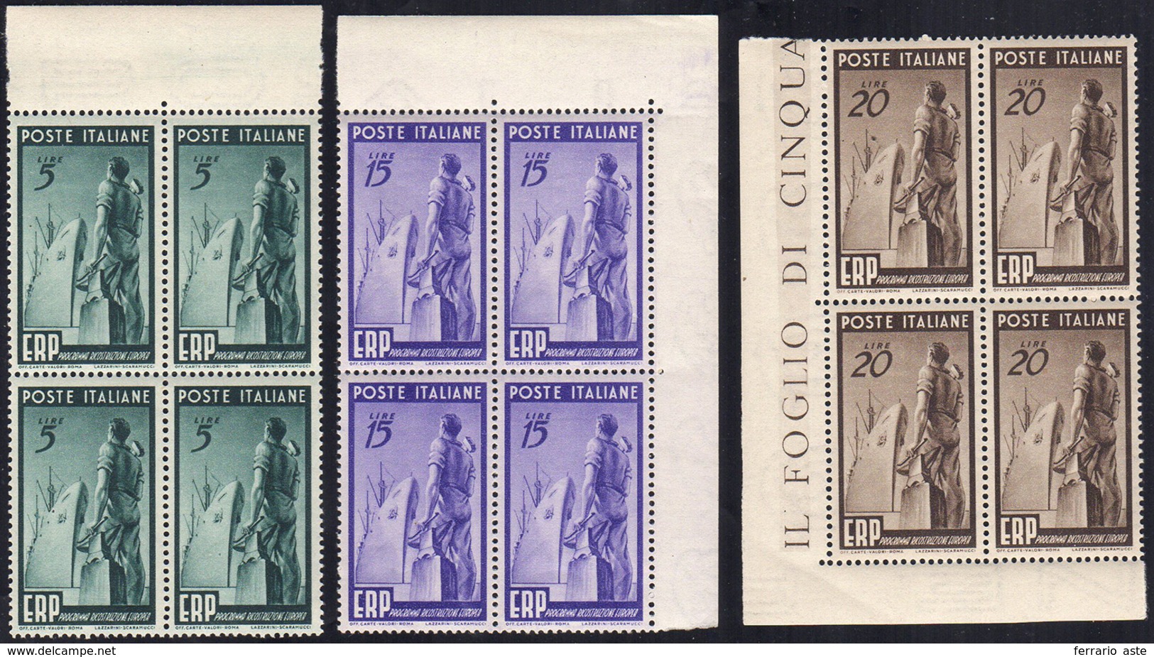 1949 - ERP (601/603), Blocchi Di Quattro, Angolo Di Foglio, Ottima Centratura, Gomma Integra, Perfet... - Andere & Zonder Classificatie