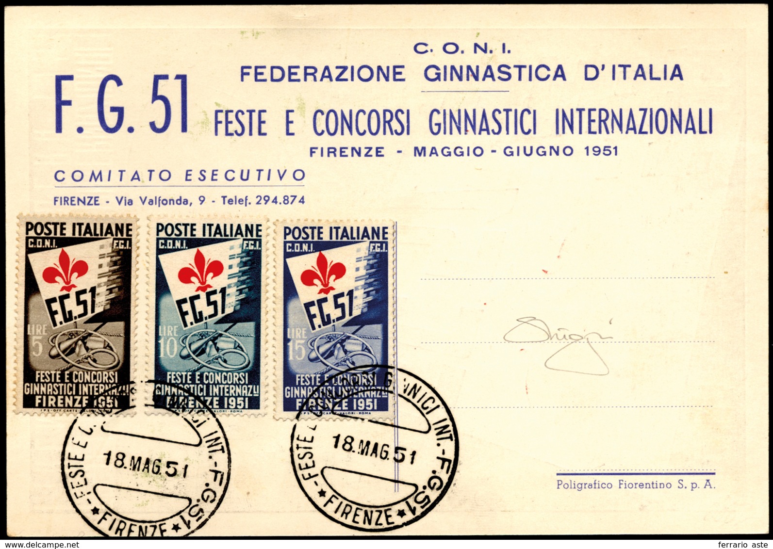 1951 - Ginnici (661/663), Perfetti, Su Cartolina Ufficiale Della Manifestazione Firenze 18/5/1951, G... - Andere & Zonder Classificatie