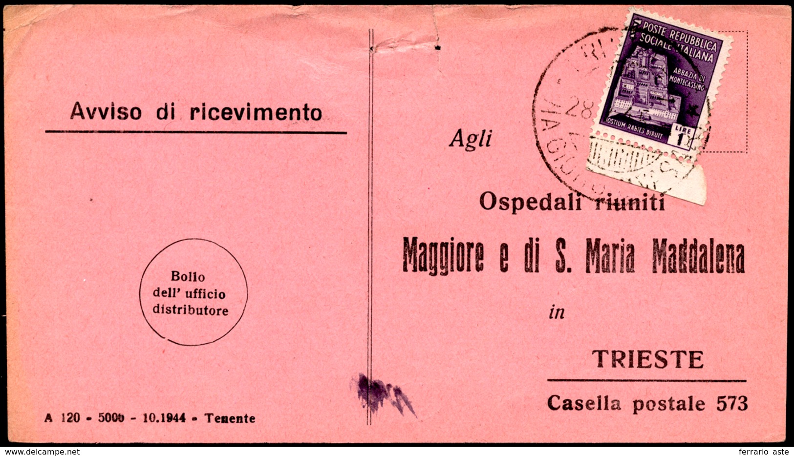 1945 - 1 Lira Monumenti Distrutti (509), Perfetto, Su Avviso Di Ricevimento Da Trieste 28/8/1945 Per... - Andere & Zonder Classificatie