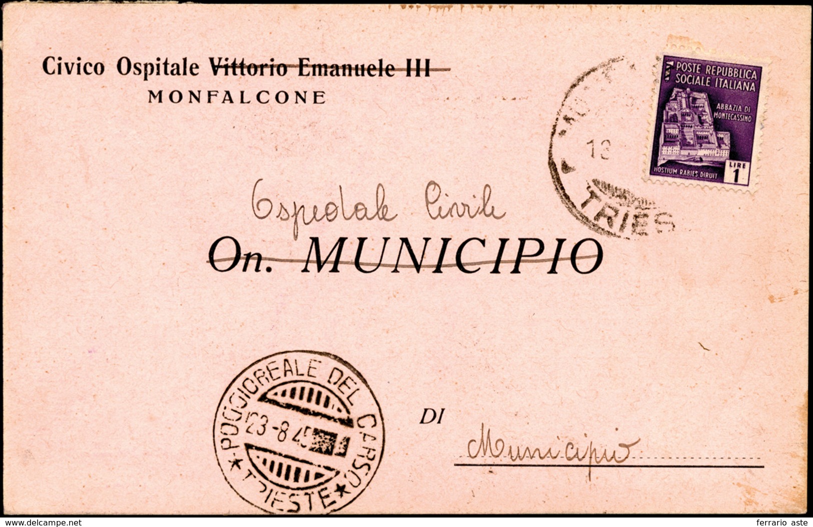 1945 - 1 Lira Monumenti Distrutti (509), Perfetto, Su Avviso Di Ricevimento D'emergenza Da Monfalcon... - Other & Unclassified