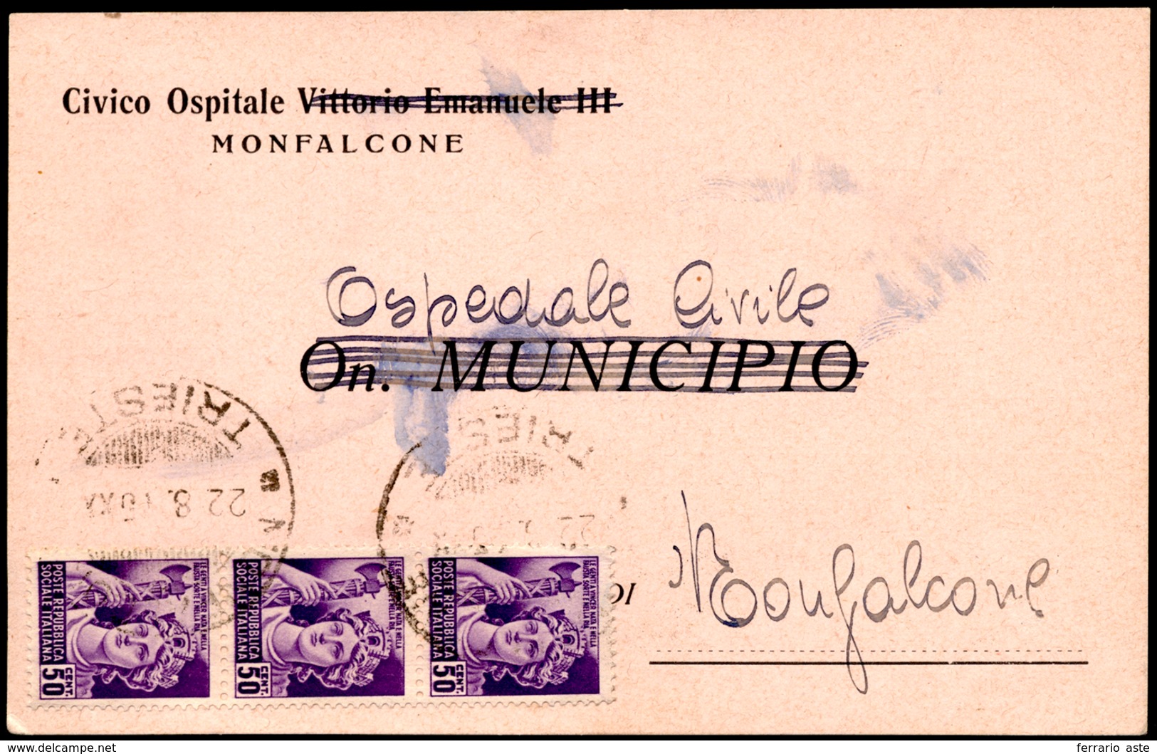 1945 - 50 Cent. Monumenti Distrutti (507), Striscia Di Tre, Perfetta, Su Avviso Di Ricevimento Di Em... - Andere & Zonder Classificatie