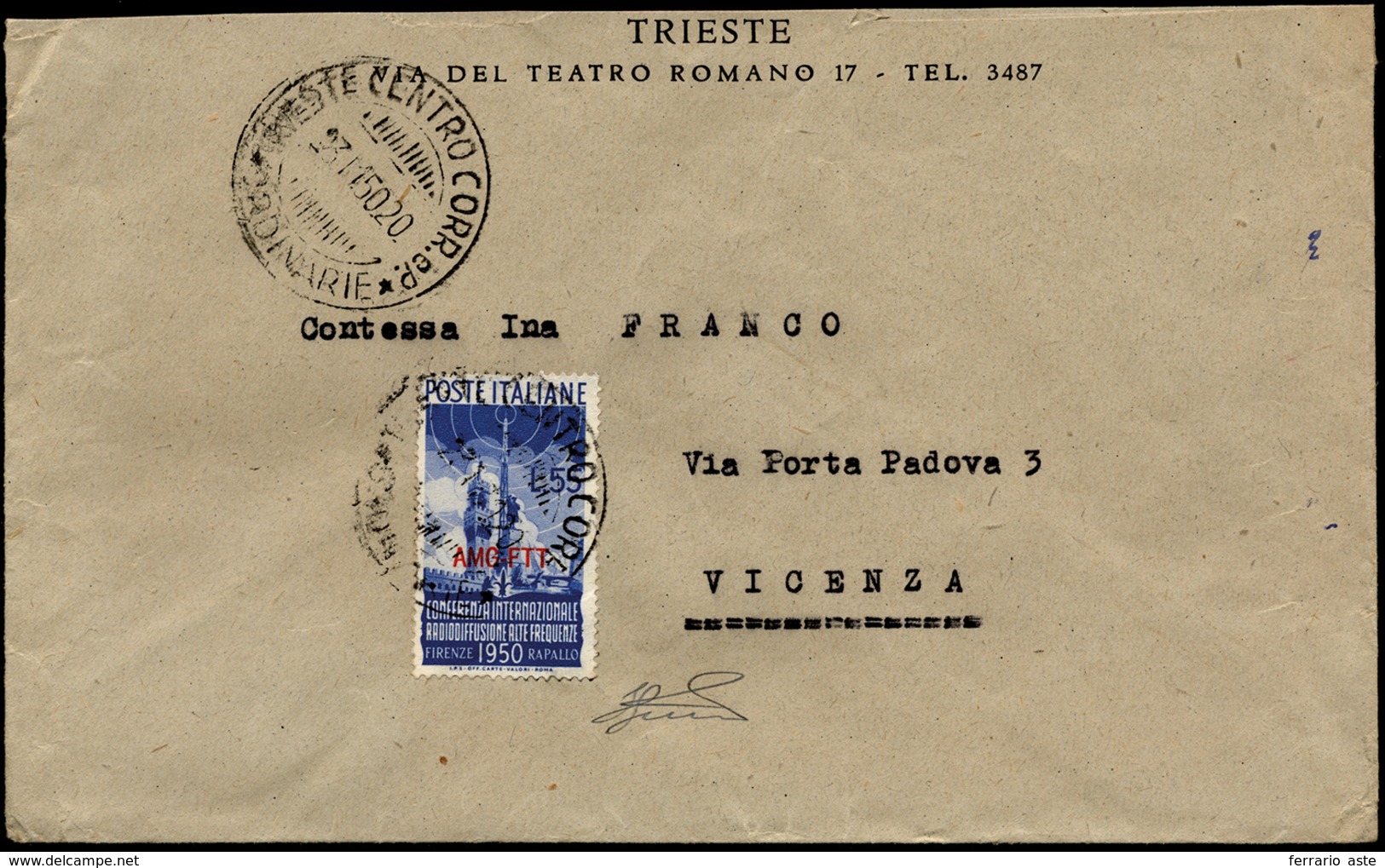 1950 - 55 Lire Radiodiffusione (77), Perfetto, Isolato Su Busta, Rifilata In Alto, Da Trieste 23/1/1... - Andere & Zonder Classificatie