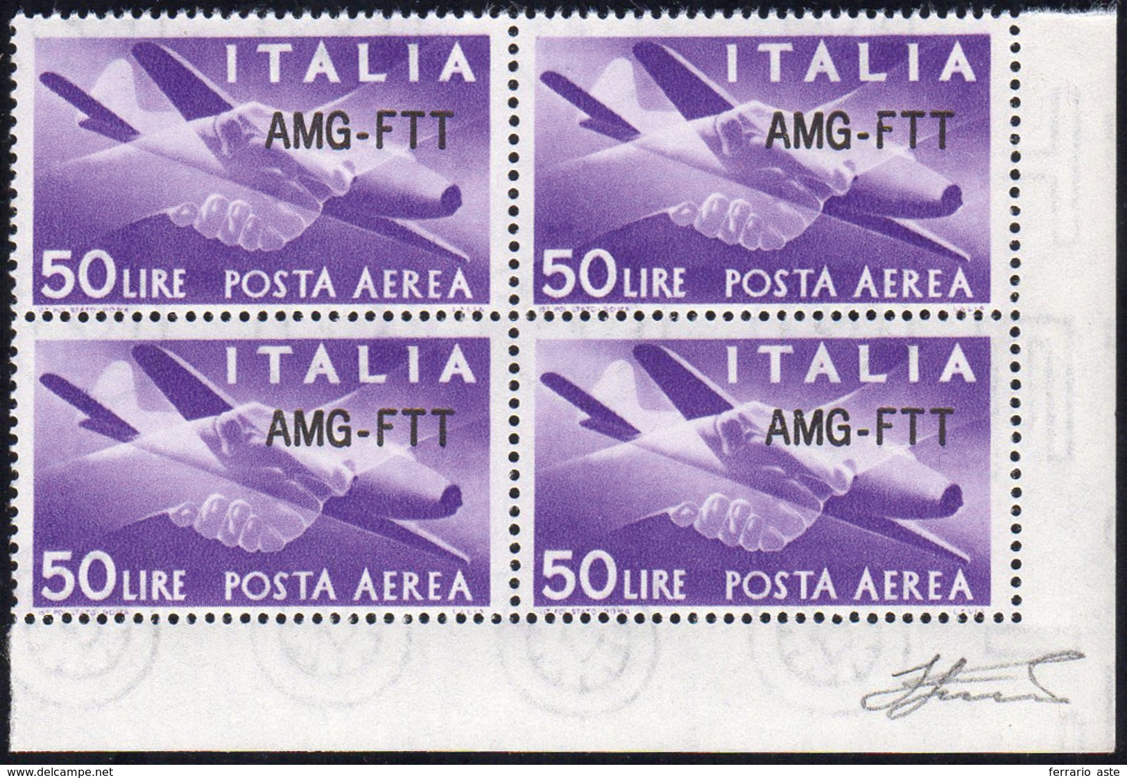 POSTA AEREA 1954 - 50 Lire, Nuovo Tipo Di Soprastampa (22A), Ottima Centratura, Blocco Di Quattro, A... - Other & Unclassified