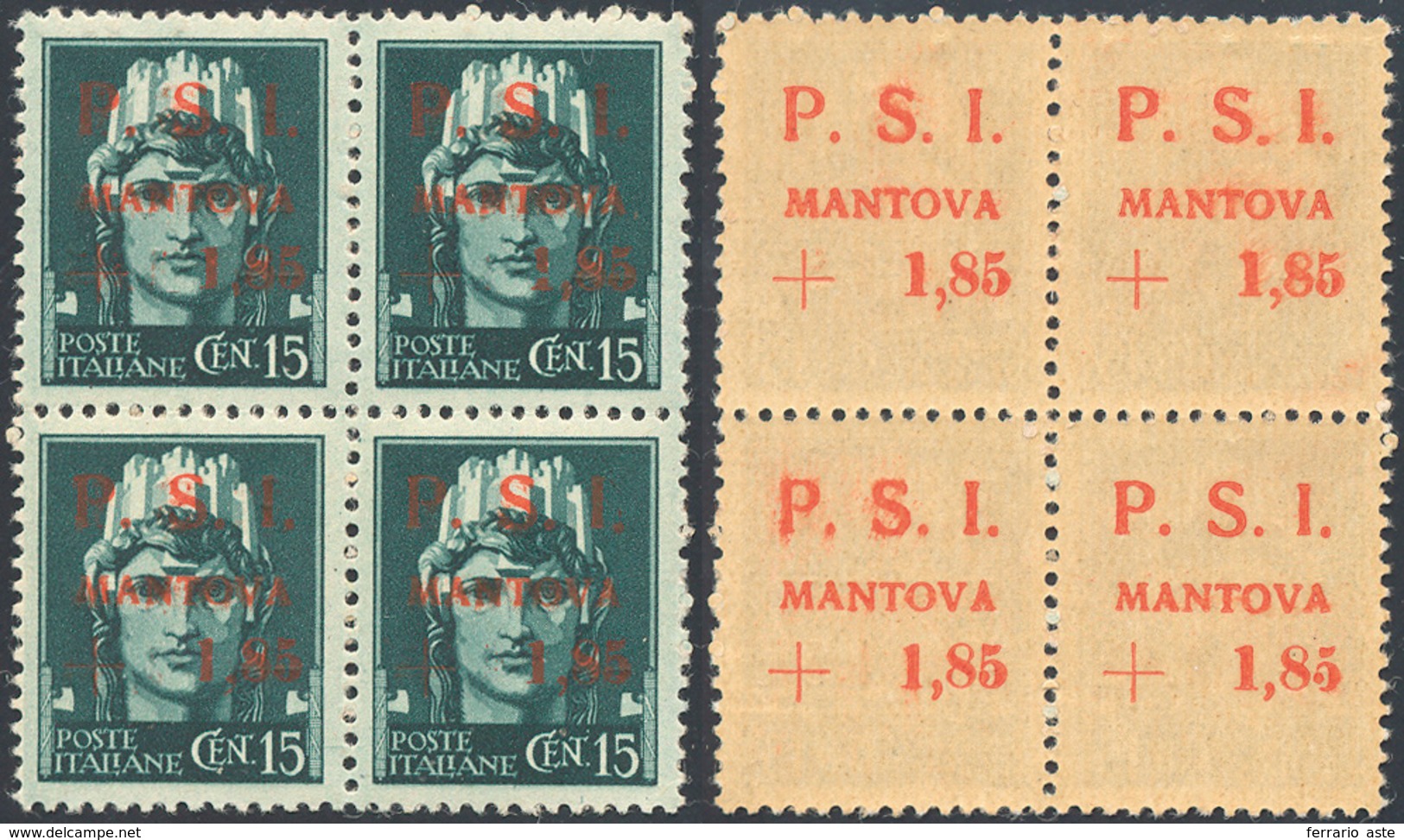 MANTOVA 1945 - 1,85 Lire Su 15 Cent., Soprastampa Recto-verso (2aa), Blocco Di Quattro, Gomma Origin... - Centraal Comité Van Het Nationaal Verzet (CLN)