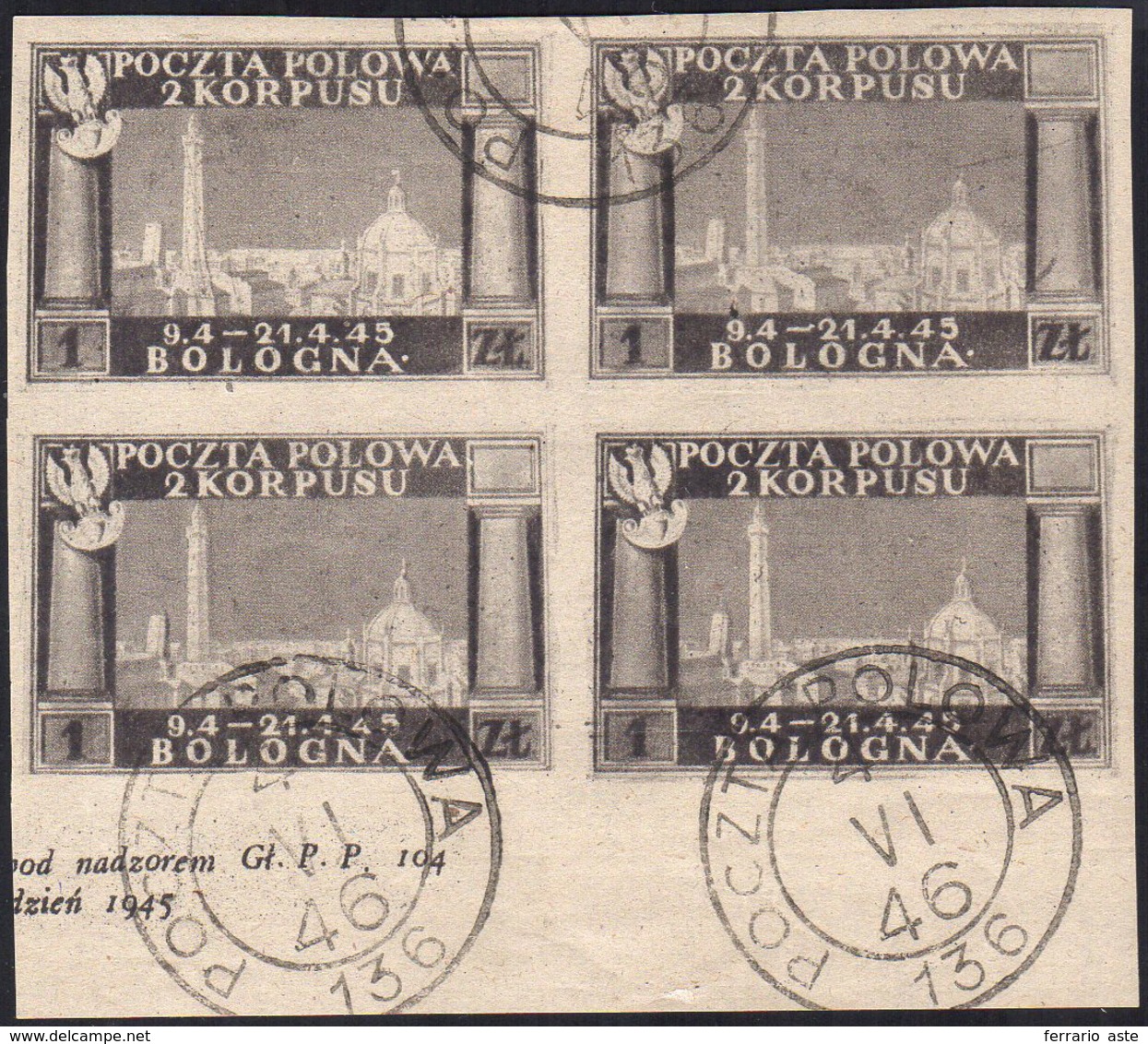 1946 - 1 Z. Grigio Brunastro Vittorie Polacche, Carta Grigiastra, Non Dentellato (3Aa), Blocco Di Qu... - 1946-47 Corpo Polacco Periode