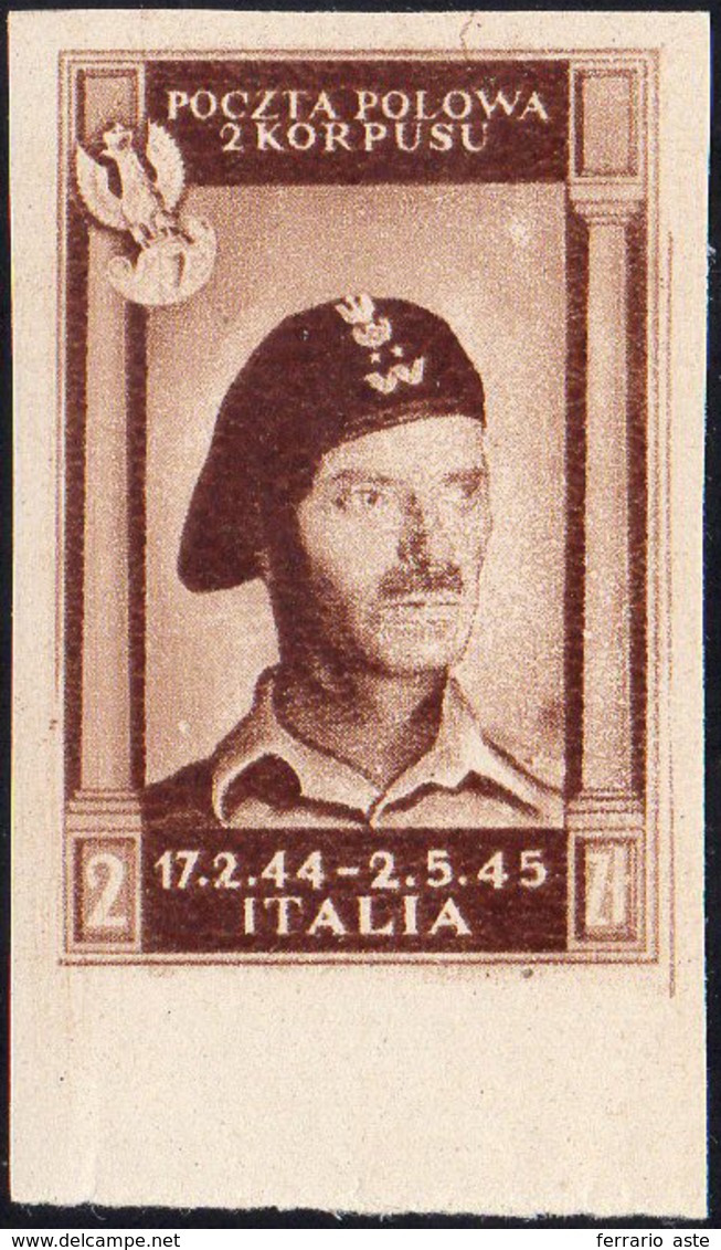 1946 - 2 Z. Bruno Cioccolato Scuro Vittorie Polacche, Carta Bianca, Non Dentellato, Bordo Di Foglio,... - 1946-47 Corpo Polacco Periode