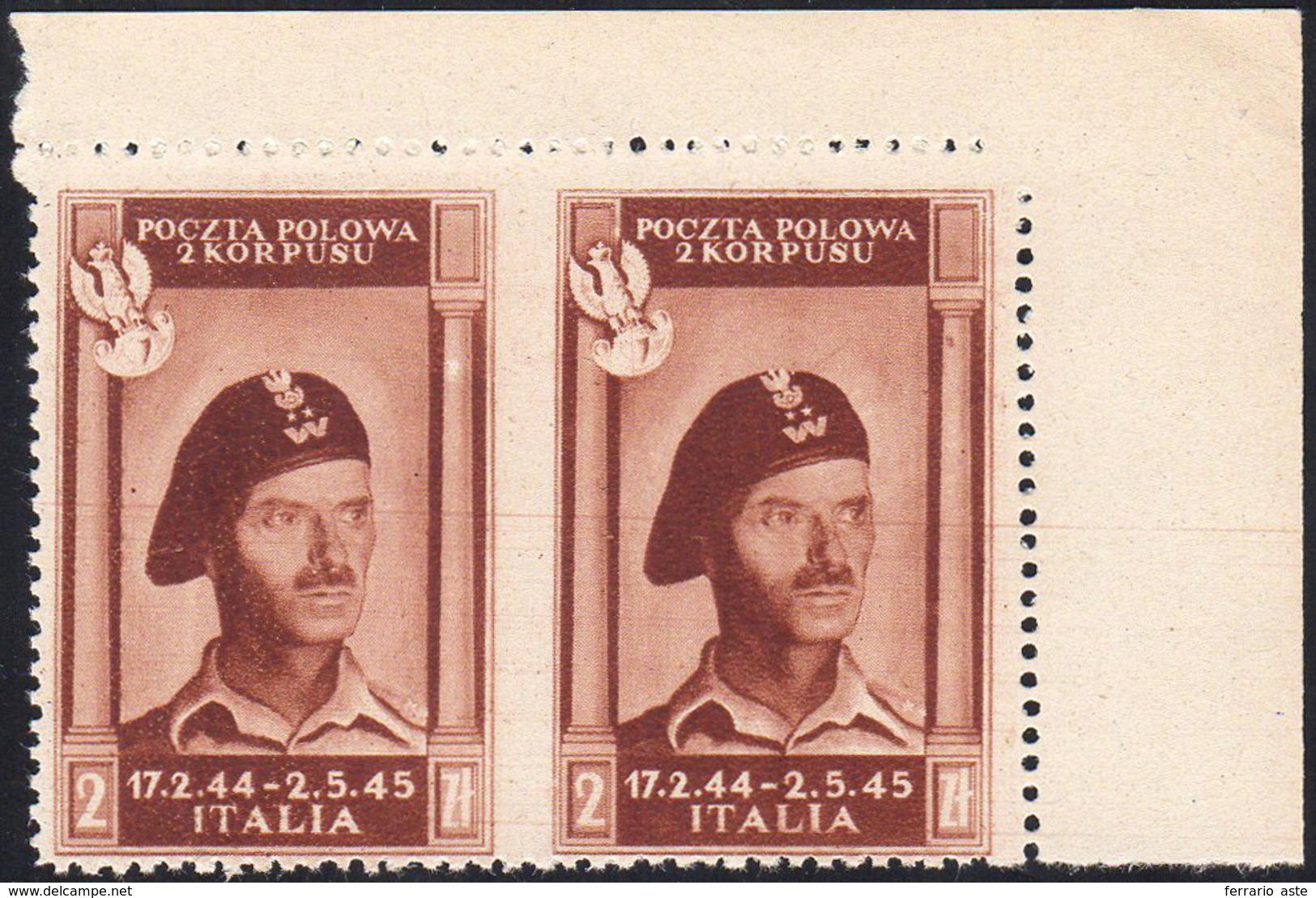 1946 - 2 Z. Vittorie Polacche, Coppia Orizzontale Non Dentellata Al Centro (8c), Angolo Di Foglio, S... - 1946-47 Corpo Polacco Periode