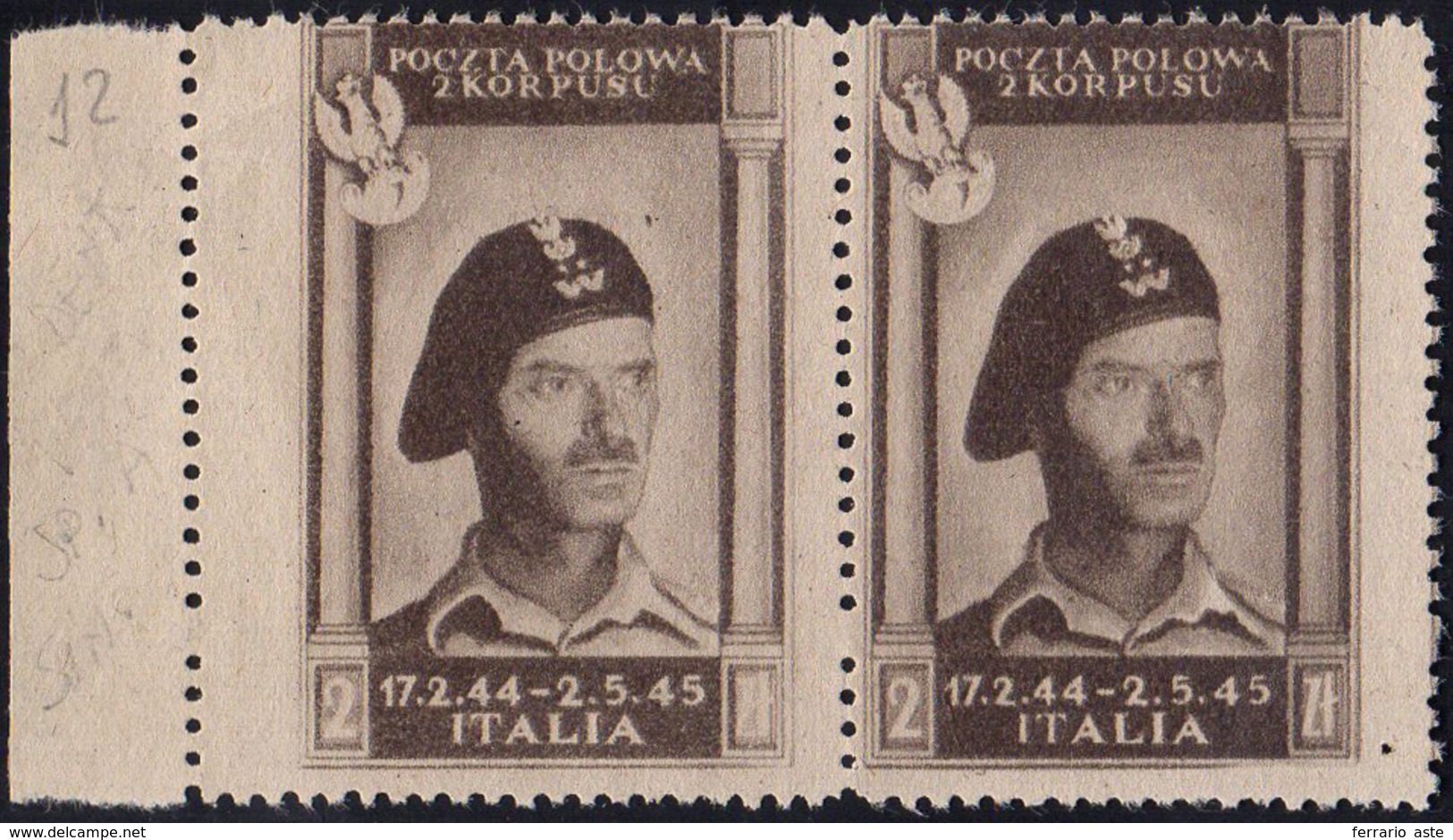 1946 - 2 Z. Vittorie Polacche, Carta Grigia (12), Coppia Orizzontale Con L'esemplare Di Sinistra Di ... - 1946-47 Corpo Polacco Periode