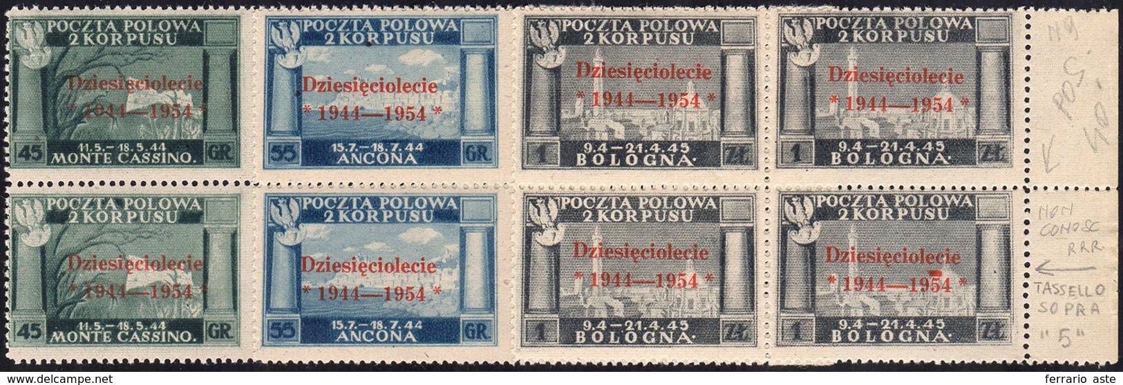 1954 - Soprastampa Vermiglio, Tratto Tipografico Orizzontale Sopra Il "5", Blocchi Di Quattro Con Tr... - Other & Unclassified