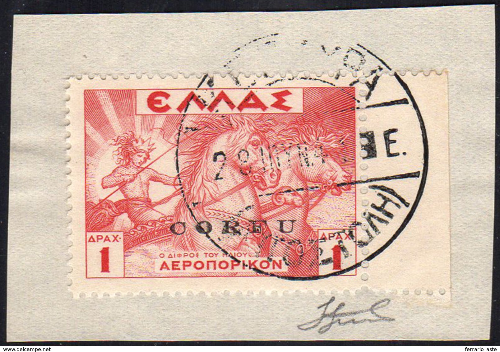 CORFU' POSTA AEREA 1941 - 1 D. Rosso (3), Perfetto, Usato Su Frammento. Ferrario. ... - Andere & Zonder Classificatie