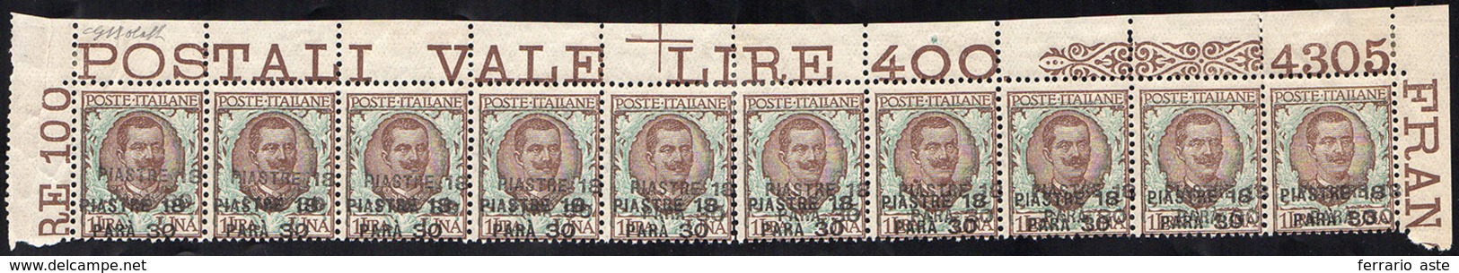 COSTANTINOPOLI 1923 - 18,30 Pi. Su 1 Lira (73), Doppia Soprastampa Obliqua, Striscia Di 10 Angolo Di... - Andere & Zonder Classificatie