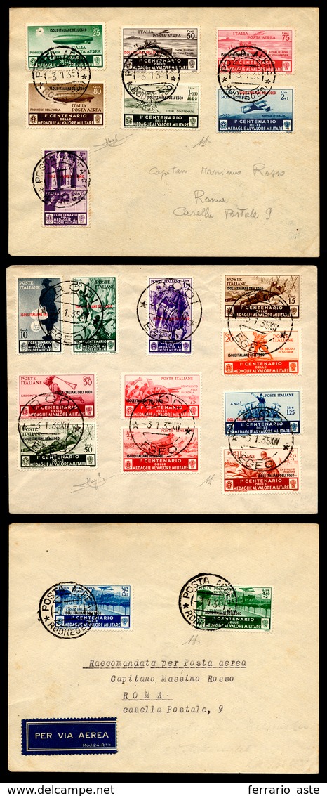 1934 - Medaglie, Serie Completa Con Posta Aerea (80/90+A), Perfetti, Usati Su Tre Buste Non Viaggiat... - Egée