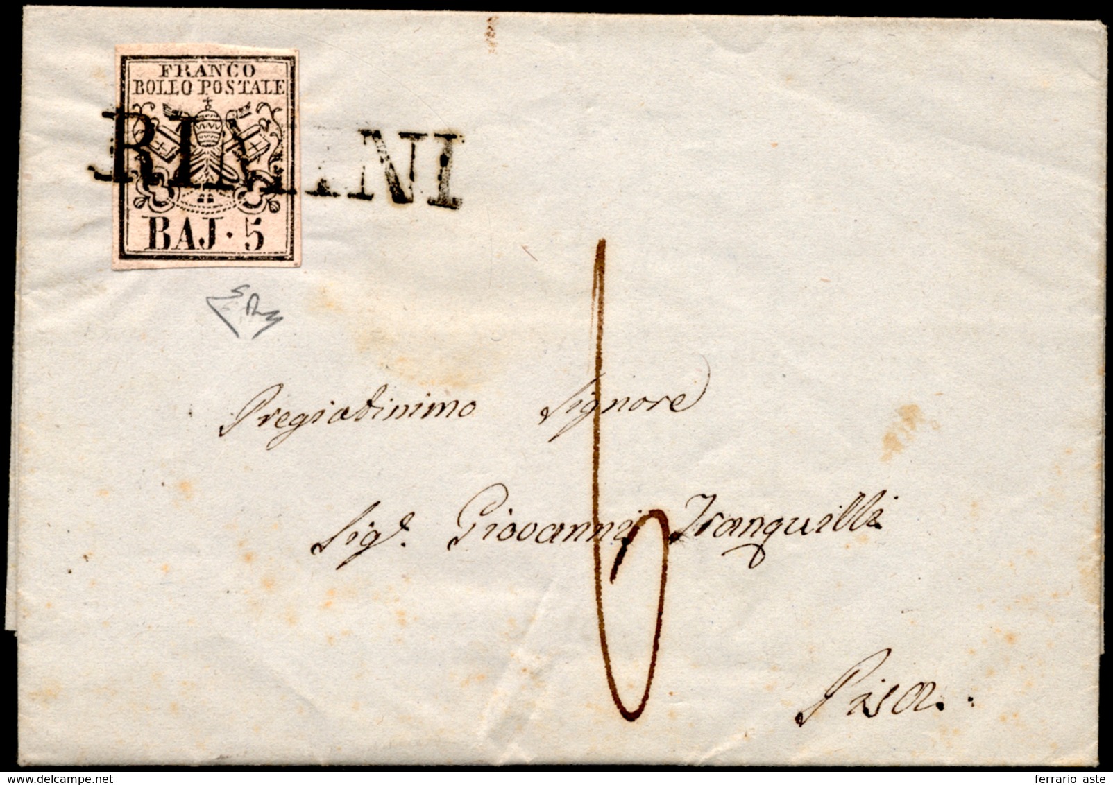 1852 - 5 Baj Rosa Chiaro (Pontificio 6), Perfetto, Annullato In Transito Con Il Bollo Stampatello Dr... - ...-1877 Voorfilatelie