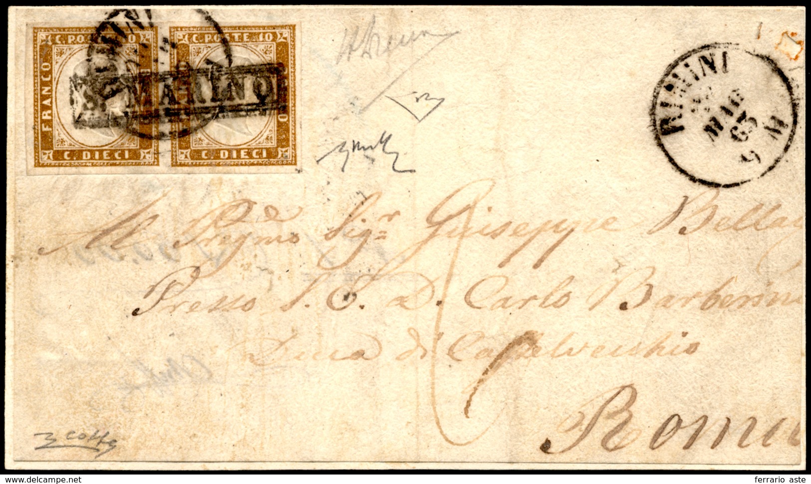 1863 - 10 Cent. Bistro (A2), Coppia, Perfetta, Annullata Con Il Bollo In Cartella Di San Marino E Il... - ...-1877 Voorfilatelie