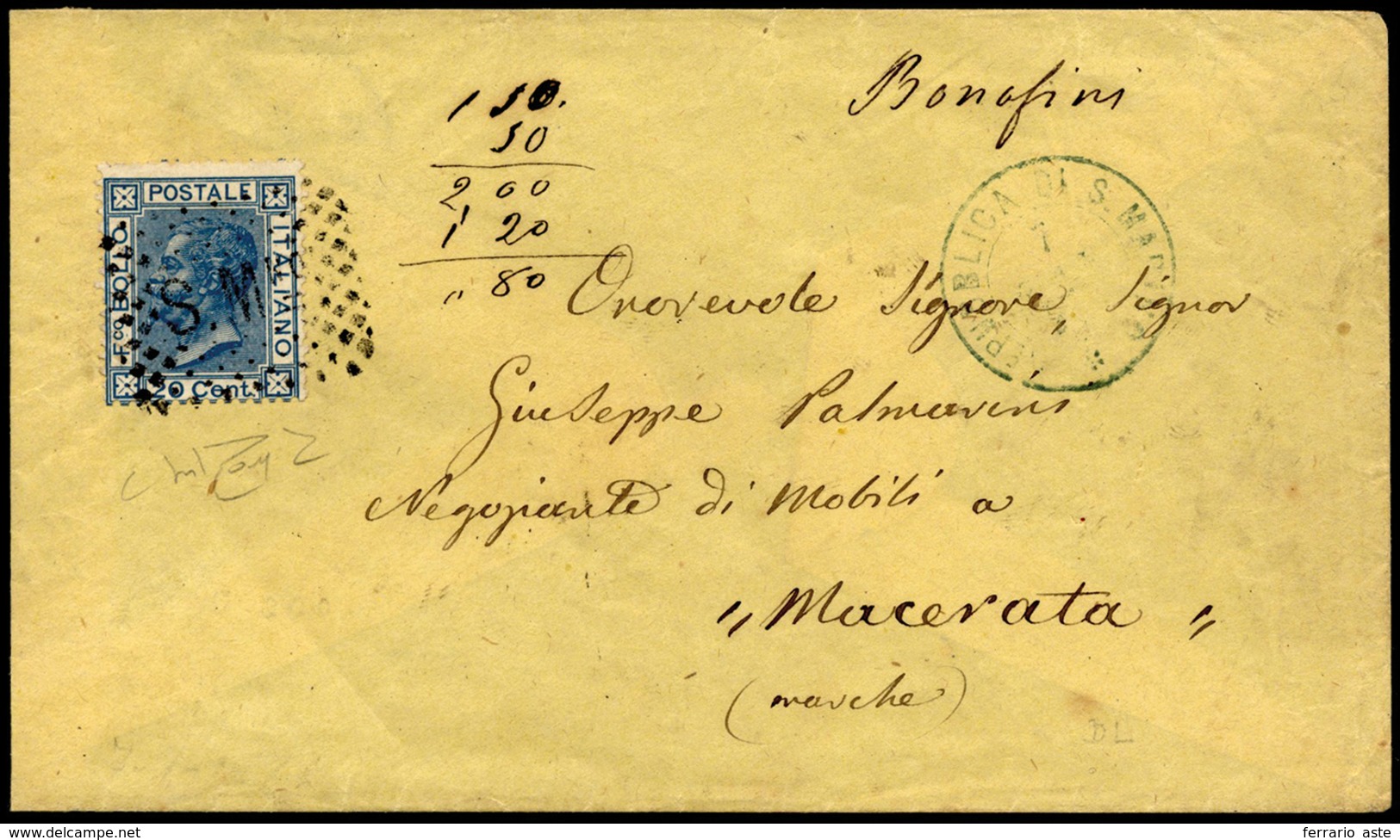 1876 - 20 Cent. Azzurro, Tiratura Di Torino (F11T), Perfetto, Su Busta Da San Marino 7/1/1876, Annul... - ...-1877 Voorfilatelie