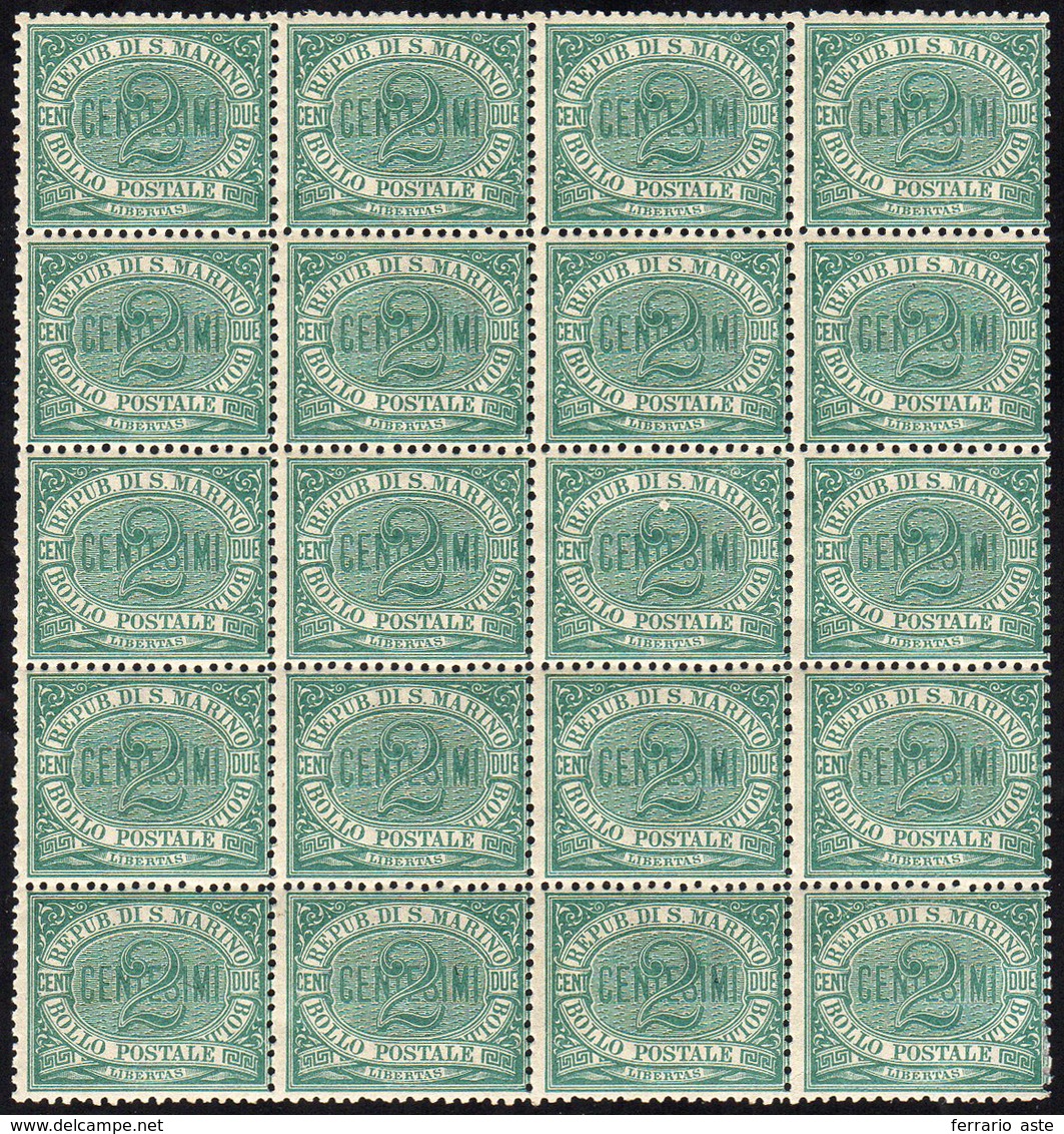 1877 - 2 Cent. Cifra (1), Blocco Di 20 Esemplari, Gomma Integra Ad Eccezione Di Un Valore Con Tracci... - Andere & Zonder Classificatie