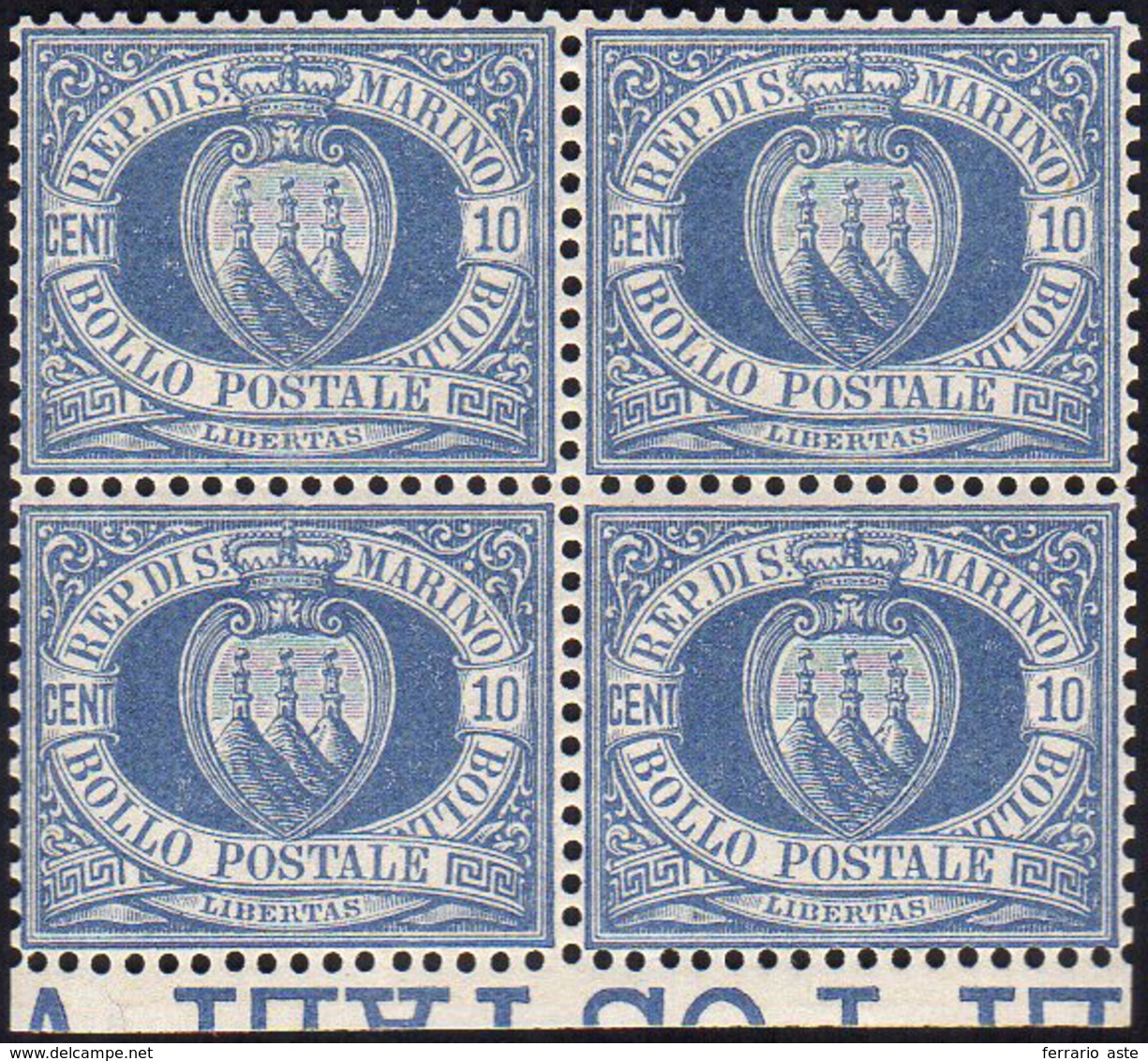 1877 - 10 Cent. Oltremare Stemma (3), Ottima Centratura, Blocco Di Quattro, Gomma Integra, Perfetto.... - Andere & Zonder Classificatie