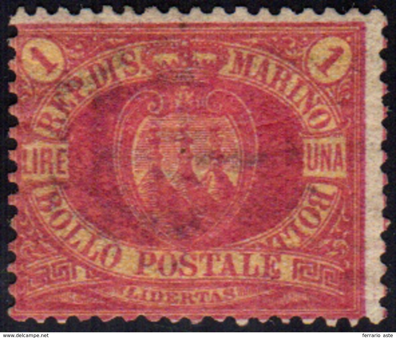 1892 - 1 Lira Carminio Su Giallo Stemma (20), Gomma Integra, Perfetto. Cert. Sorani. ... - Andere & Zonder Classificatie