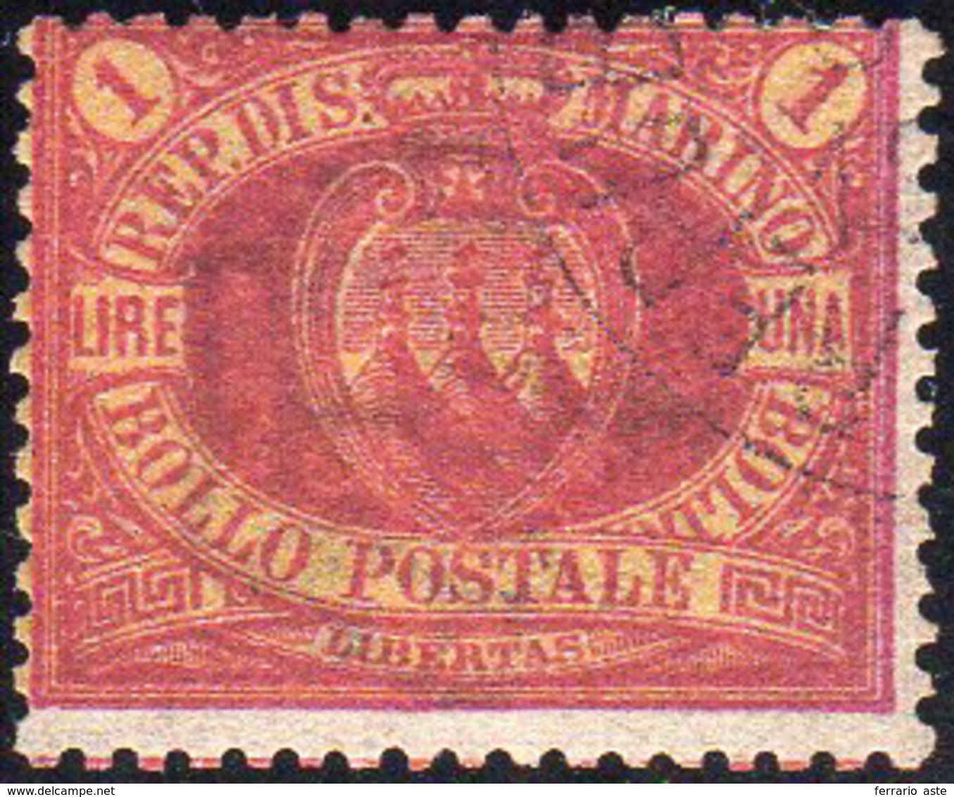 1892 - 1 Lira Carminio Su Giallo (20), Usato, Perfetto. Cert. Colla. ... - Andere & Zonder Classificatie