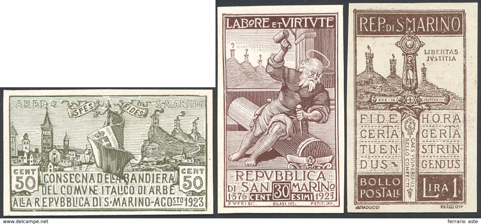 1923 - 50 Cent. Bandiera Di Arbe, 30 Cent. Scalpellino, 1 Lira Pro Mutilati, Prove D'archivio Su Car... - Andere & Zonder Classificatie