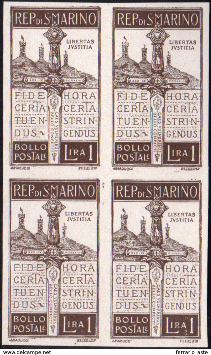 1923 - 1 Lira Pro Volontari, Prova D'archivio In Blocco Di Quattro (P97), Perfetta. Molto Bella! Fer... - Andere & Zonder Classificatie