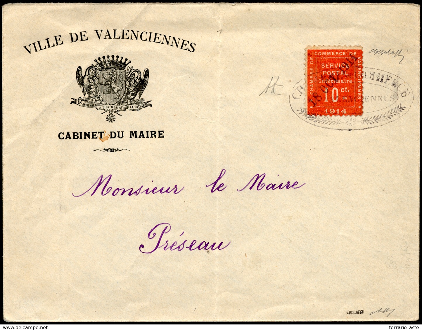 FRANCIA FRANCOBOLLI DI GUERRA 1914 - 10 Cent. Rosso VALENCIENNES (1), Perfetto, Su Busta Del 18/10/1... - Andere-Europa