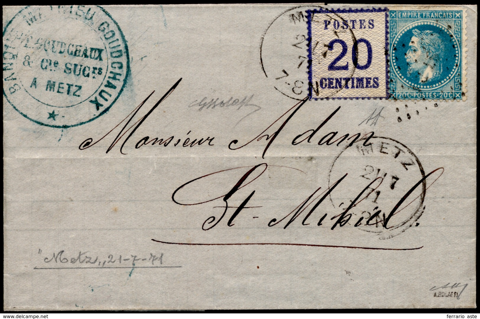 FRANCIA OCC. TEDESCA ALSAZIA E LORENA 1871 - 20 Cent. (6), In Affrancatura Mista  Con 20 Cent. Di Fr... - Andere-Europa