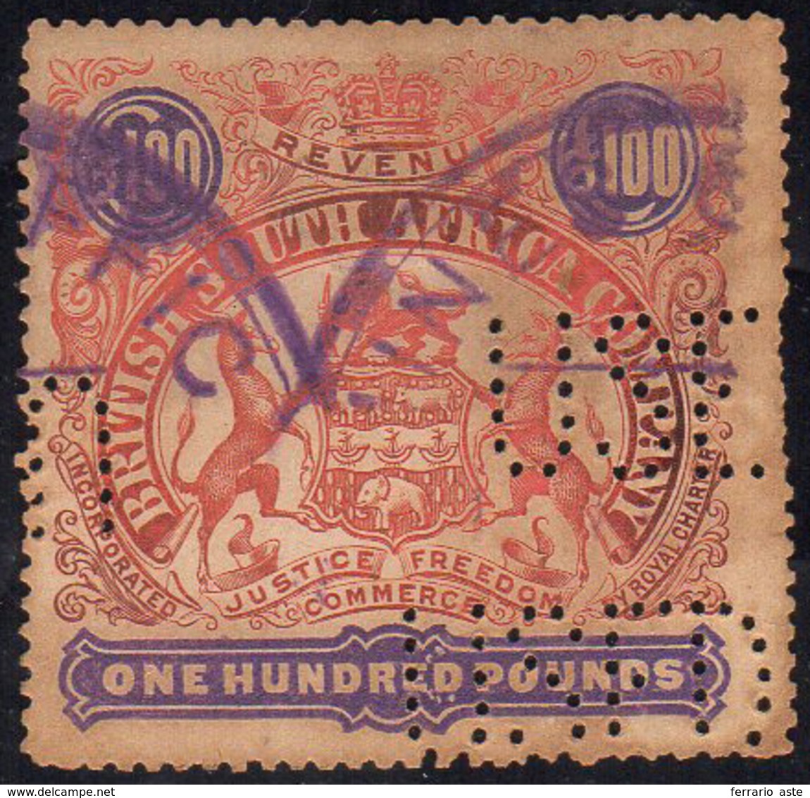 RHODESIA 1901 - 100 Pounds (SG. 93a, Vedi Nota), Perfetto, Usato Con Annullo Fiscale E Perforato USE... - Andere & Zonder Classificatie