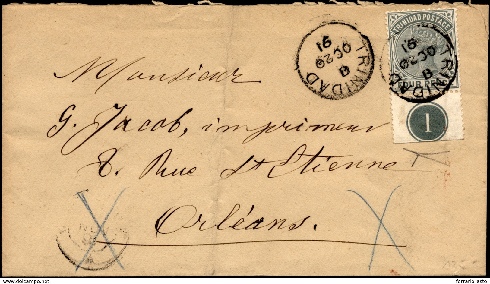 TRINIDAD E TOBAGO 1891 - Envelope From Trinidad October 20, 1891 To Orleans (France), Franked With 4... - Andere & Zonder Classificatie