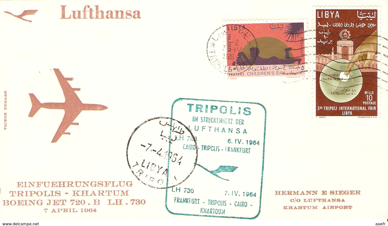 Libye 7/4/1964 - First Flight Lufthansa - Boeing Jet 720 B - Tripoli - Khartoum - Cairo - Frankfurt - Libye