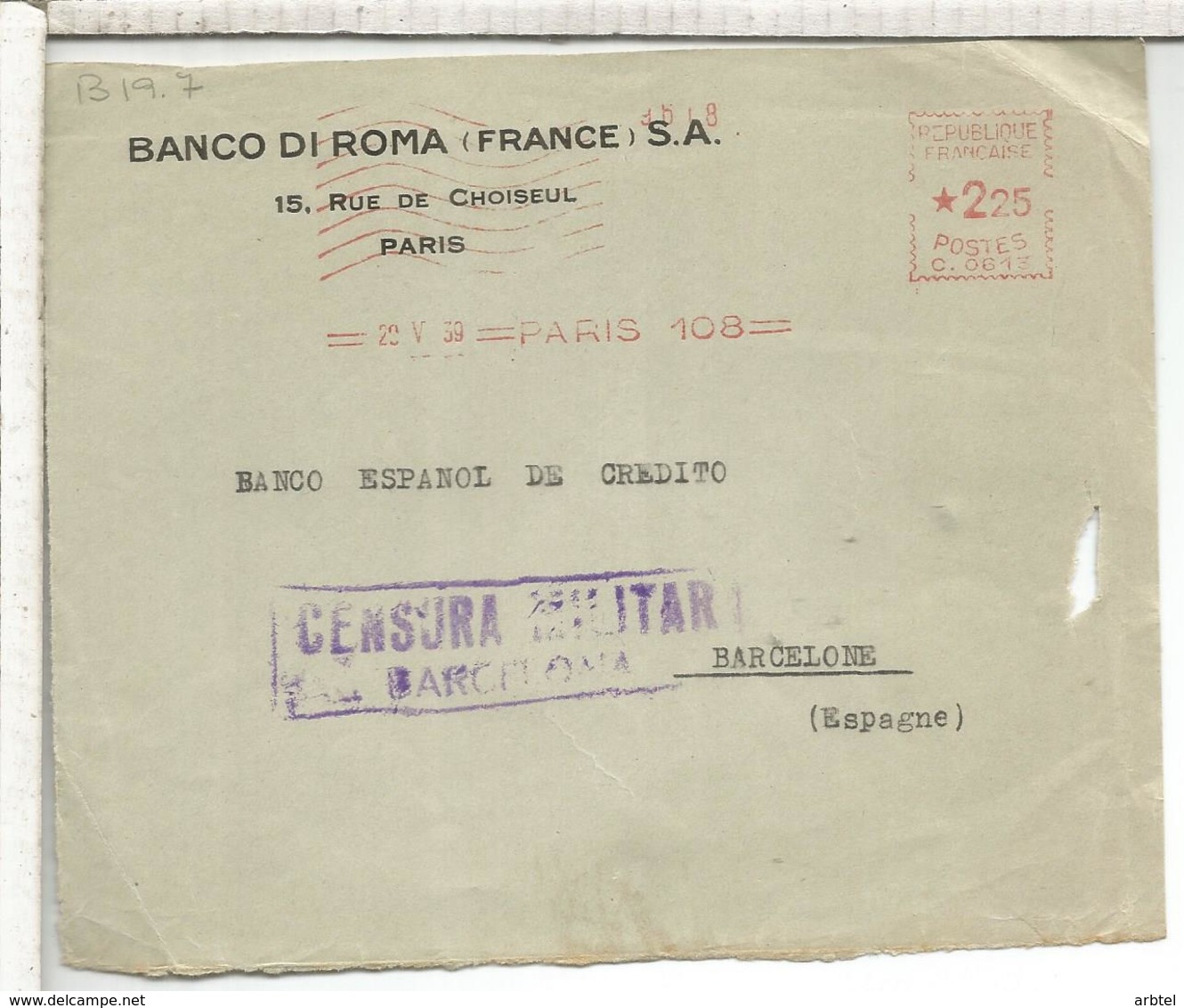 FRANCIA FRONTAL  CC A BARCELONA FRANQUEO MECANICO CENSURA MILITAR DE BARCELONA - Cartas & Documentos