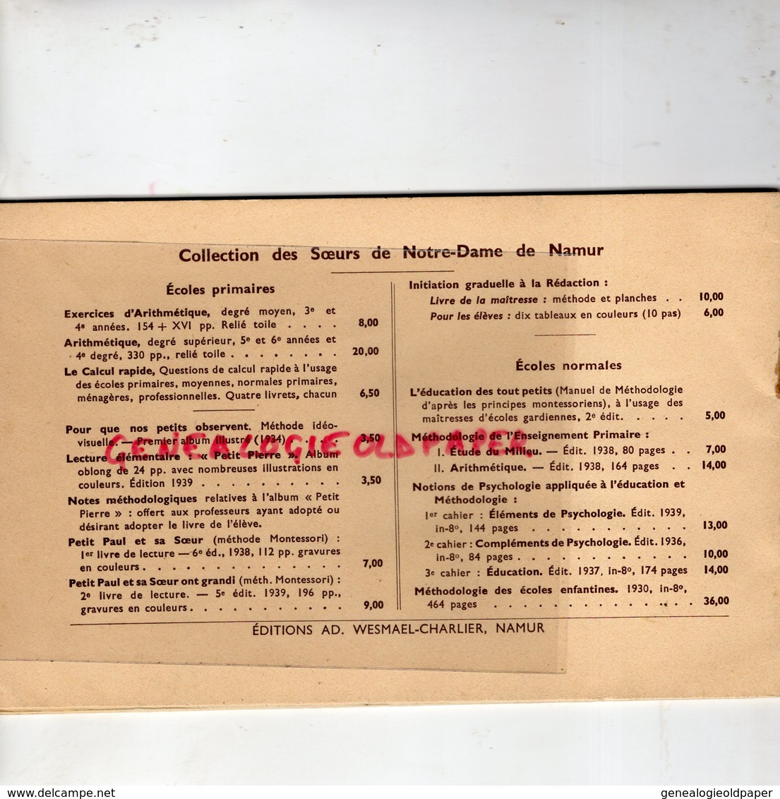 BELGIQUE- NAMUR- RARE LIVRET LE CALCUL RAPIDE -ECOLE PRIMAIRE-WESMAEL CHARLIER-1942-SOEURS DE NOTRE DAME - 6-12 Ans