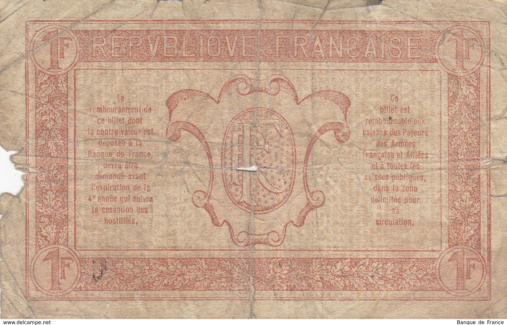 Billet 1 F Trésorerie Aux Armées Lettre U FAY VF 4.8 N° 0.700.130 - 1917-1919 Trésorerie Aux Armées