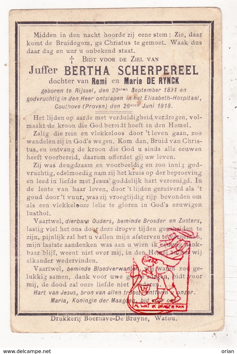 DP Oorlogsslachtoffer WO I ? Bertha Scherpereel ° Lille FR Nord 1894 † Couthove Proven Poperinge BE 1918 - Devotion Images