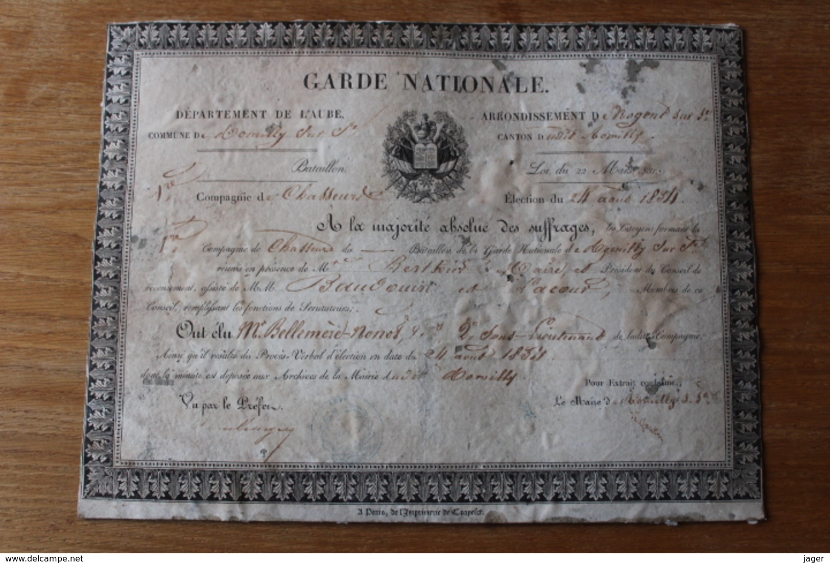 Garde Nationale De L'Aube Romilly Sur Seine  1834  Diplome - Documents Historiques